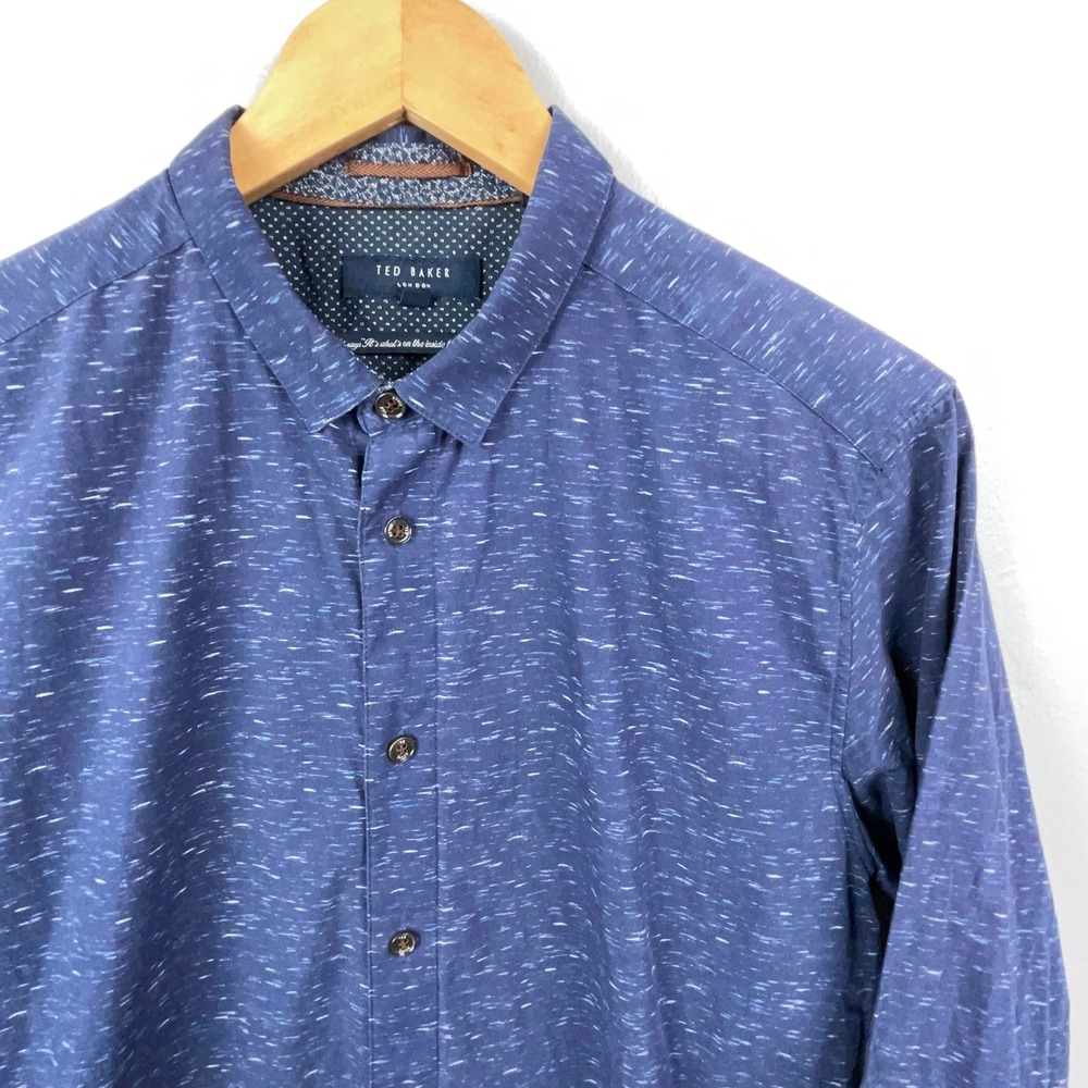 Ted Baker Shirt Mens 4 Navy Blue Long Sleeve Button Up 100% Cotton Slub Pattern